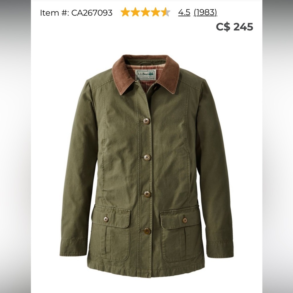 L.L. Bean Adirondack Barn Coat Jacket with Brown Corduroy Collar and Cuffs